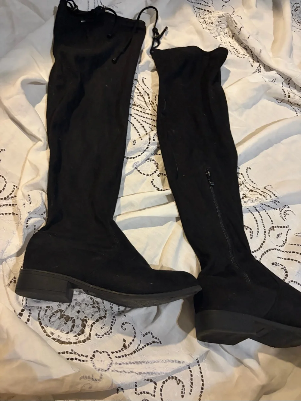 Black Over-the-Knee Stretch Boots with Low Block Heel